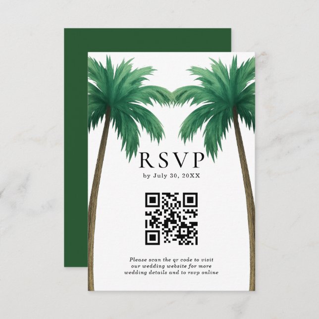 Cartão RSVP Tropical Palm Trees Minimal Beach Wedding QR Code (Frente/Verso)