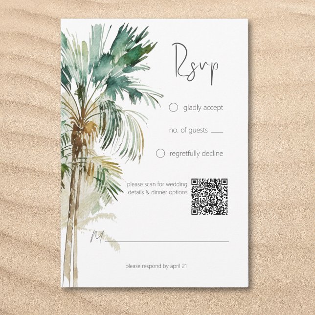 Cartão RSVP Tropical Palm Trees Modernas Casamento QR Código (Tropical Palm Trees Modern Wedding QR Code RSVP Card)