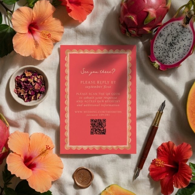 Cartão RSVP Tropical Scallop Border Pink QR Wedding (Invite guests to your destination wedding day with this Tropical Scallop Border Pink QR RSVP!)