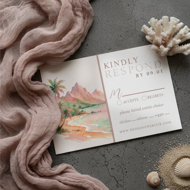 Cartão RSVP Tropical Sunset Island Watercolor Wedding QR  (Tropical Sunset Island Watercolor Wedding QR RSVP Card)