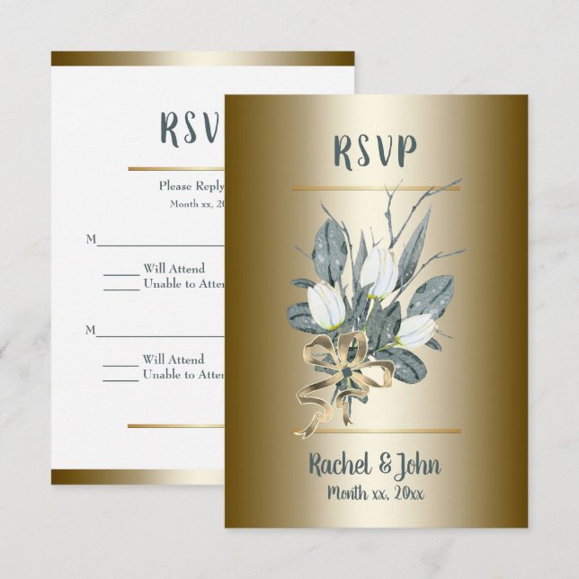Cartão RSVP Tulipas Brancas Com Casamento Dourado (Frente/Verso)