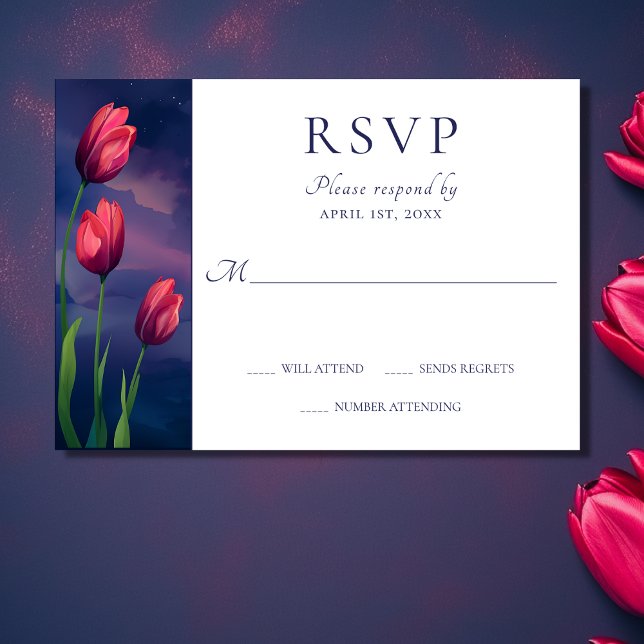Cartão RSVP Tulipas, Estrelas e Casamento de Lua Pleno (Front - Watercolor Red Tulips, Stars and Full Moon Wedding RSVP Card)