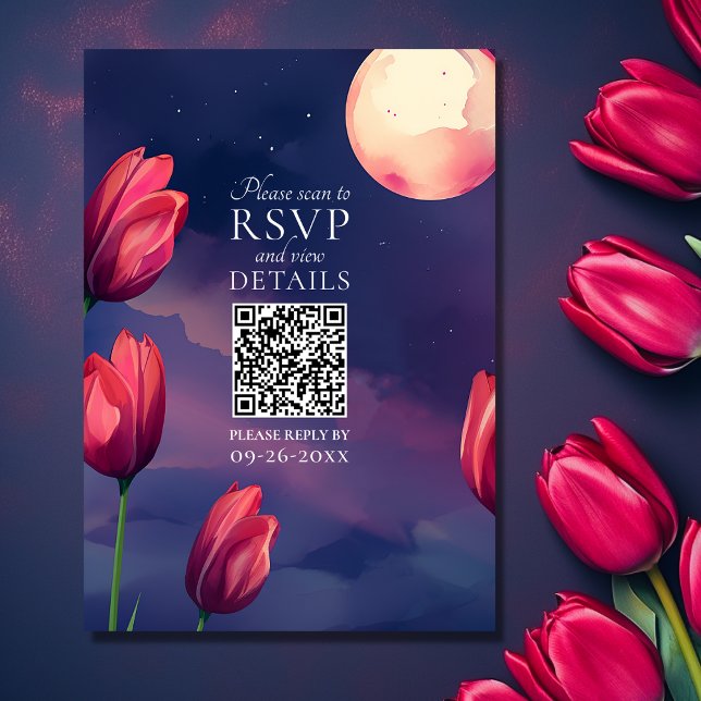 Cartão RSVP Tulipas Vermelhas, Lua Cheia e Estrelas Código QR  (Front - Red Tulips, Full Moon and Stars QR Code Wedding RSVP Card)