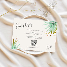 Cartão RSVP Tulum Watercolor Tropical Gold Palm Destination QR