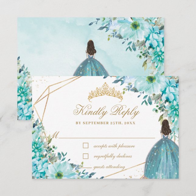Cartão RSVP Turquesa Blue Floral Quinceañera Dourada Princesa (Frente/Verso)