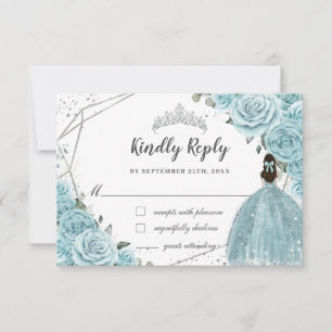 Cartão RSVP Turquesa Blue Floral Silver Quinceañera Princess