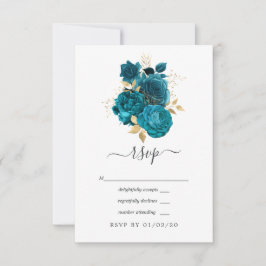 Cartão RSVP Turquesa - Casamento com Flores Turquesa e Dourado