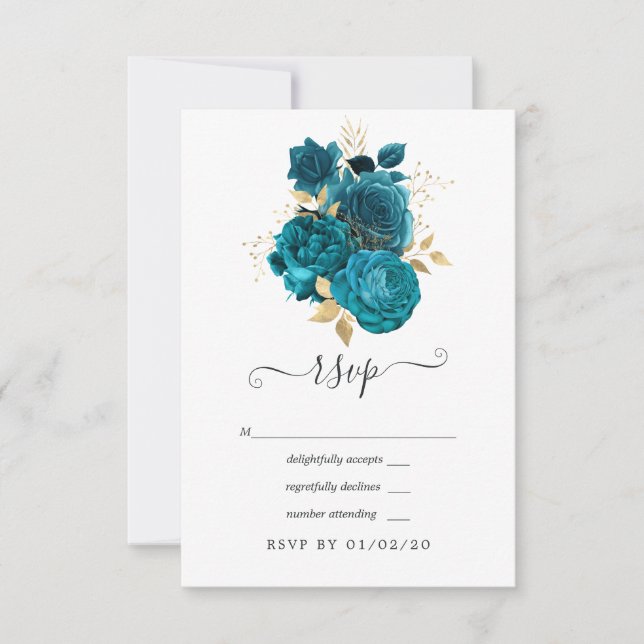 Cartão RSVP Turquesa - Casamento com Flores Turquesa e Dourado (Frente)