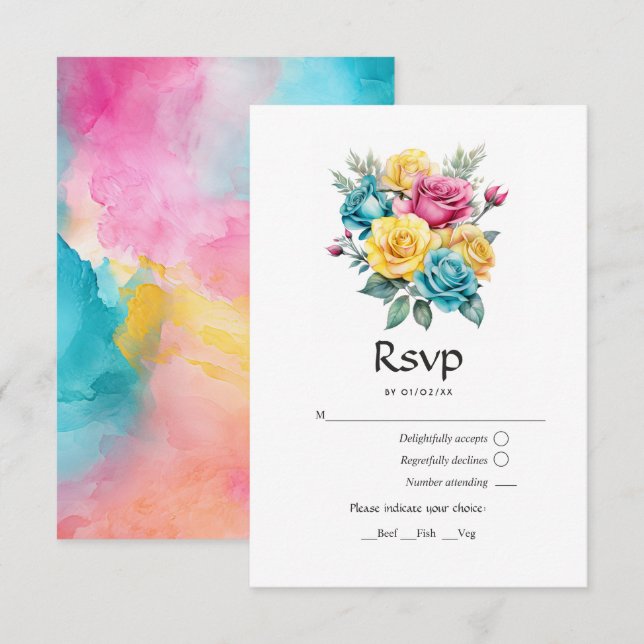 Cartão RSVP Turquesa, Casamento Floral Amarelo-Rosa (Frente/Verso)