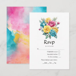 Cartão RSVP Turquesa, Casamento Floral Amarelo-Rosa
