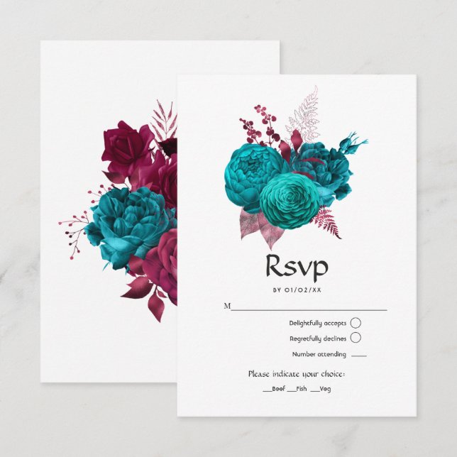 Cartão RSVP Turquesa e Casamento Floral Burgundy (Frente/Verso)