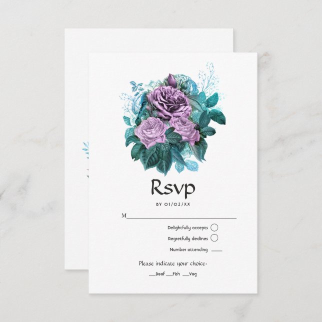 Cartão RSVP Turquesa e Lavanda Floral Casamento (Frente/Verso)