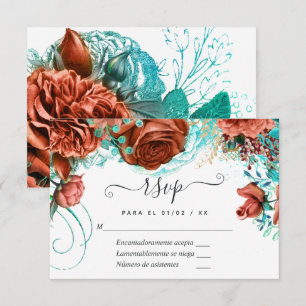Cartão RSVP Turquesa Espanhola - Casamento Floral em Verde Águ