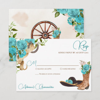 Cartão RSVP Turquesa Ocean Blue Charro Western Quinceanera