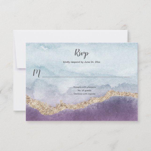 Cartão RSVP Turquesa Roxo Contemporânea e Mármore Dourado | (Frente)