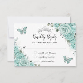 Cartão RSVP Turquesa Verde Floral 15 Quinceañera Borboletas
