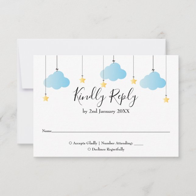Cartão RSVP Twinkle Twinkle Estrela Azul Menino Baby Shower (Frente)