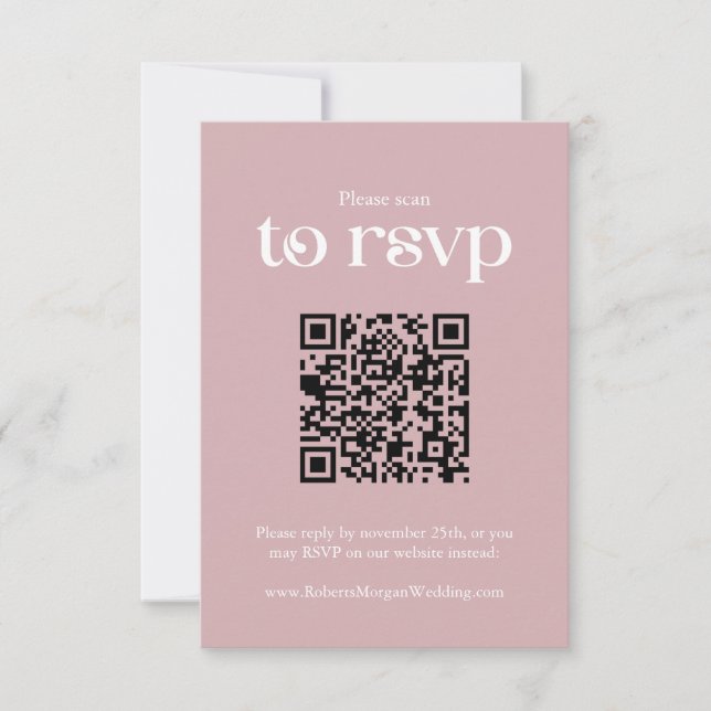Cartão RSVP Typografia Dusty Rosa, código QR Casamento (Frente)