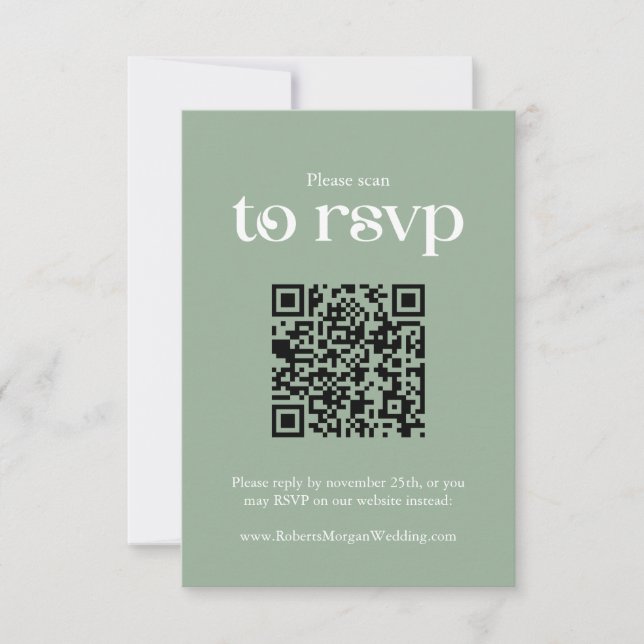 Cartão RSVP Typografia Sage Green Código QR Casamento (Frente)