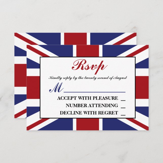 Cartão RSVP Union Jack Flag British Wedding (Frente/Verso)