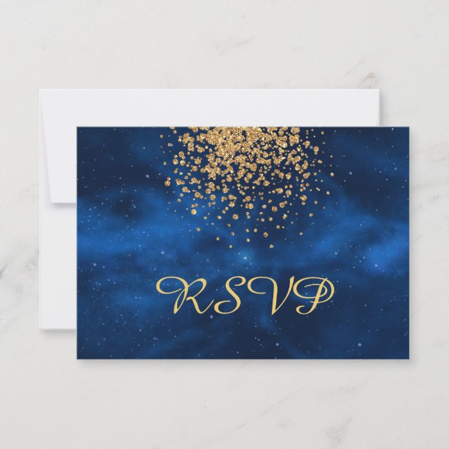 Cartão RSVP Universo Azul com Confetti Dourado (Frente)