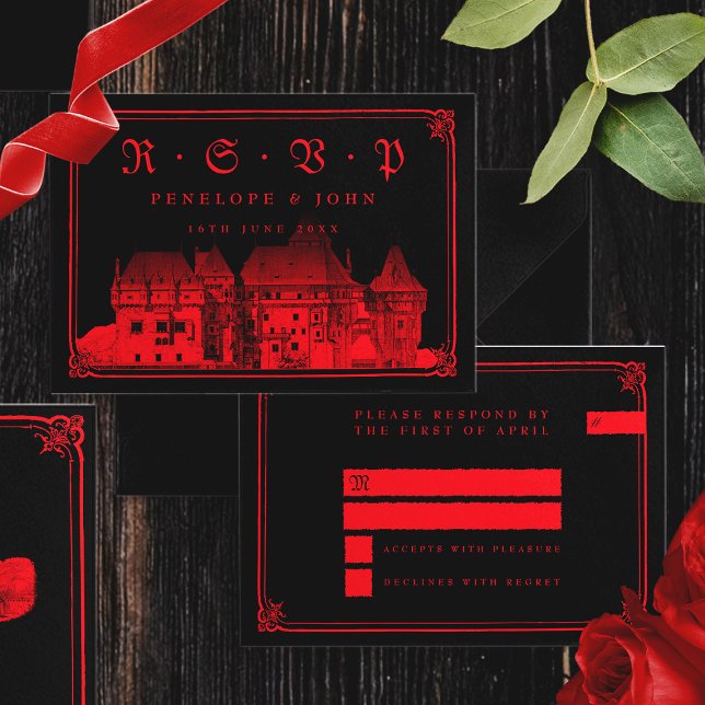 Cartão RSVP Vampiro Gótico Fronteira do Castelo Negro Casament (Gothic Vampire Castle Border Black Red Wedding RSVP Card)