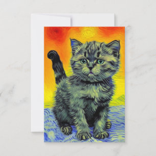 Cartão RSVP Van Gogh Style Cat Sunset Beach