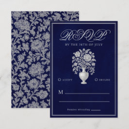 Cartão RSVP Vaso de Flores Elegante Herança Casamento Azul Mar