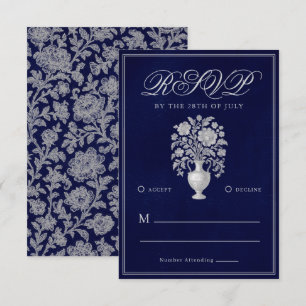 Cartão RSVP Vaso de Flores Elegante Herança Casamento Azul Mar