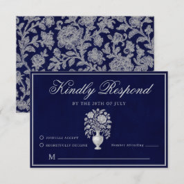 Cartão RSVP Vaso de Flores Heritage Clássico Casamento Azul Ma