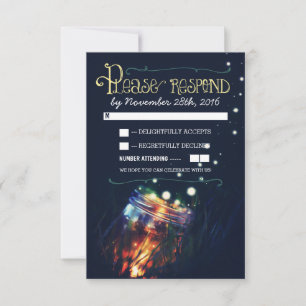 Cartão RSVP vaso de pedreiro com vaga-lumes casamento rústico