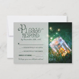 Cartão RSVP vaso de pedreiro com vaga-lumes casamento rústico 