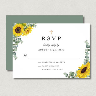 Cartão RSVP Verdadeiro Verde Religioso Cruz Girassol Casamento