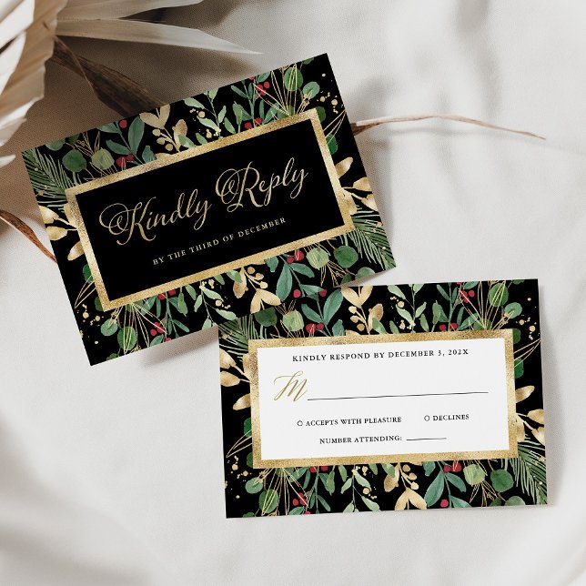 Cartão RSVP Verde dourado em Preto | Casamento de Natal (Criador carregado)