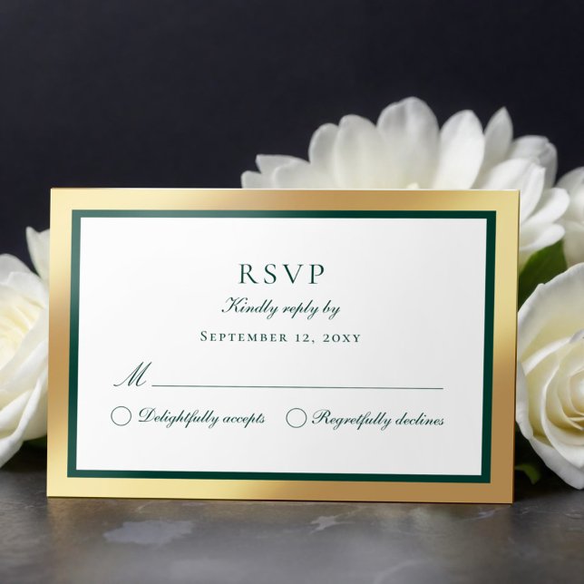 Cartão RSVP Verde Elegante Clássico Faux Dourado E (Criador carregado)