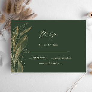 Cartão RSVP Verde Elegante e Casamento Dourado