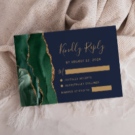 Cartão RSVP Verde Esmeralda Dourado Ágata Azul Marinho Casamen