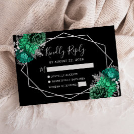Cartão RSVP Verde Esmeralda Prata Floral Geométrico Preto