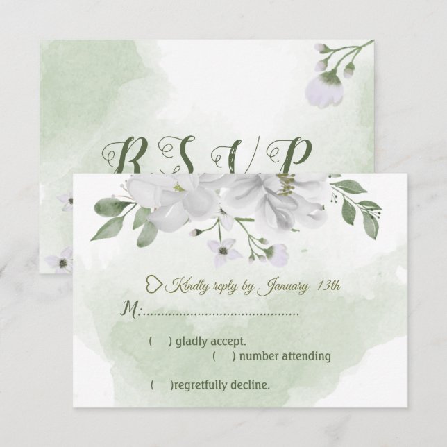 Cartão RSVP verde-flores brancas (Frente/Verso)