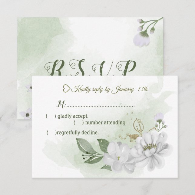 Cartão RSVP verde-flores brancas (Frente/Verso)