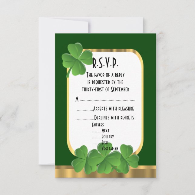 Cartão RSVP Verde irlandês, casamento do shamrock dourado R.S. (Frente)
