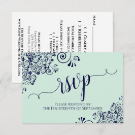 Cartão RSVP Verde Menta e Renda Azul Marinho Caligrafia Elegan