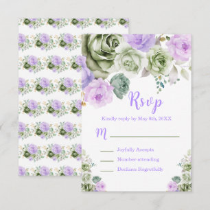 Cartão RSVP Verde Salvia e Floral Roxo Sweet Sixteen