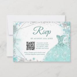 Cartão RSVP Verde Teal Silver Winter Quinceañera Snowflake QR