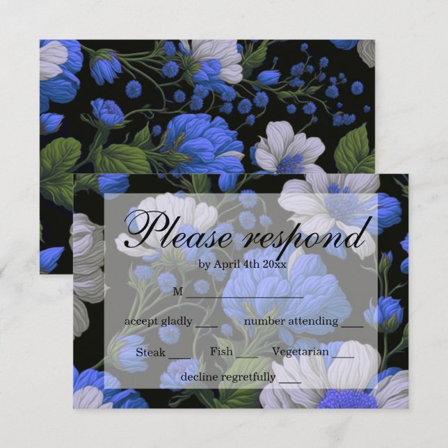 Cartão RSVP Verdinhos elegantes, azuis-prateados e elegantes (Frente/Verso)