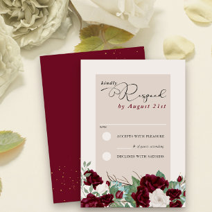 Cartão RSVP Vermelho Borgonha e Rosa Elegante Floral Marfim