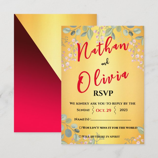 Cartão RSVP Vermelho com Dourado  (Frente/Verso)