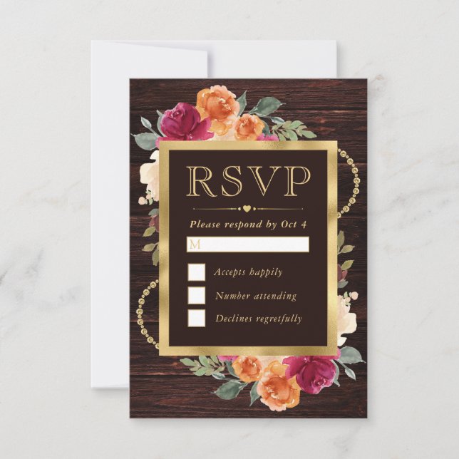 Cartão RSVP Vermelho e Laranja Flores Moldura Dourada Casament (Frente)