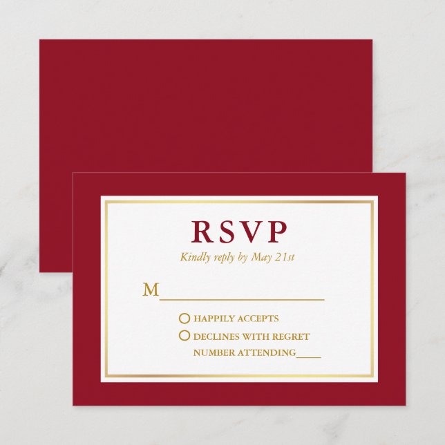 Cartão RSVP Vermelho Elegante moderno Dourado (Frente/Verso)