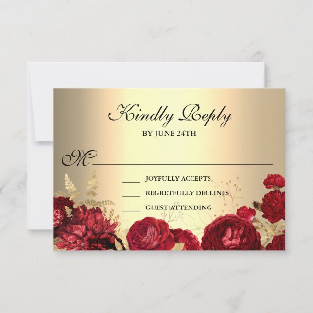 Cartão RSVP Vermelho Floral Elegante e Dourado (Frente)
